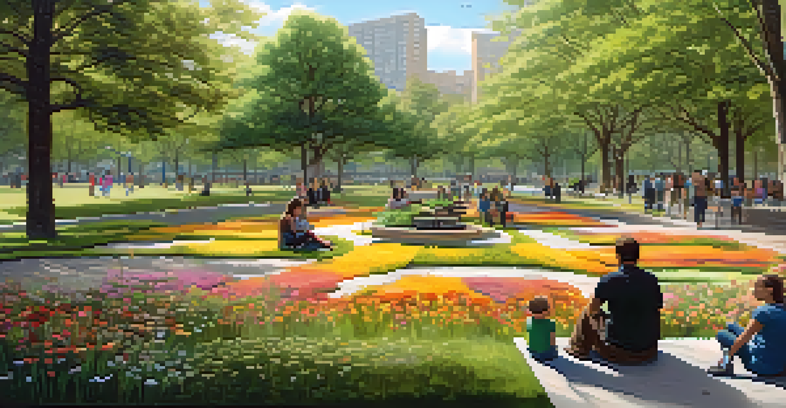 A peaceful park scene with an eco-friendly public art installation made from recycled materials, surrounded by nature.