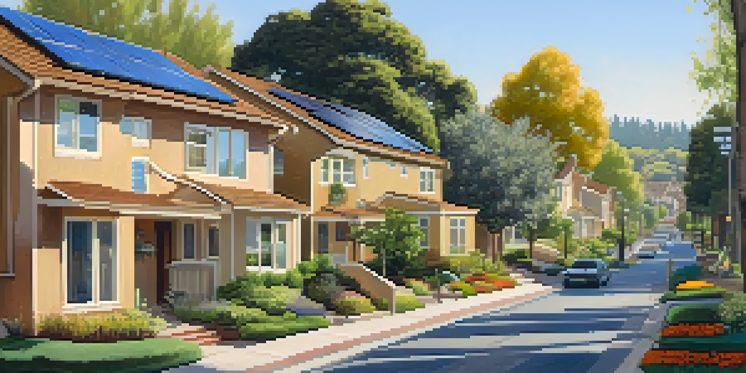 An urban neighborhood in Cupertino featuring eco-friendly homes, solar panels, and green gardens, with people enjoying the outdoor space.