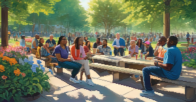 A community mental health workshop taking place in a vibrant urban park with diverse individuals engaged in discussion.