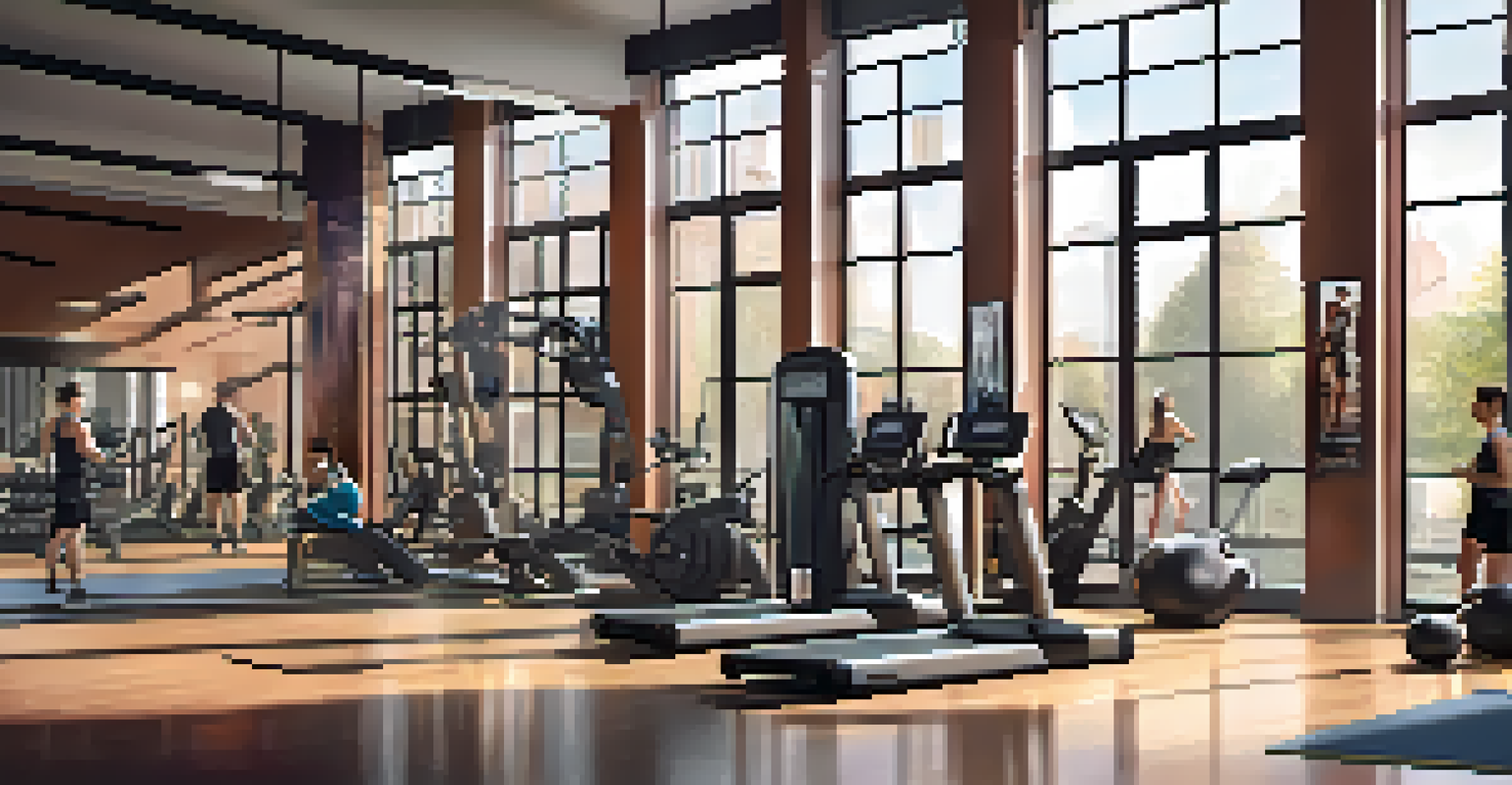 A personal trainer helping a young adult with a workout in a bright and modern gym, equipped with various fitness machines and motivational posters.
