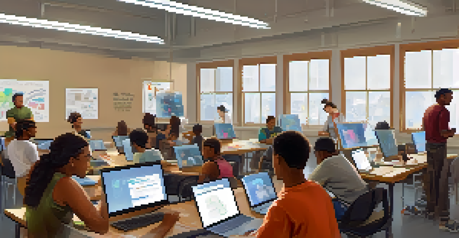 A classroom with diverse adults participating in a coding workshop, working on laptops with an instructor guiding them.