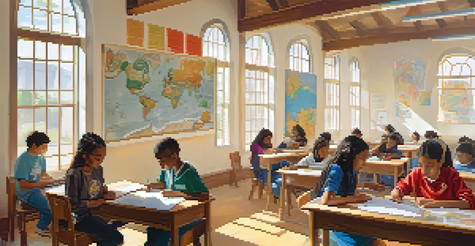A colorful classroom with students from various cultural backgrounds working together on a project, surrounded by cultural artifacts and maps.