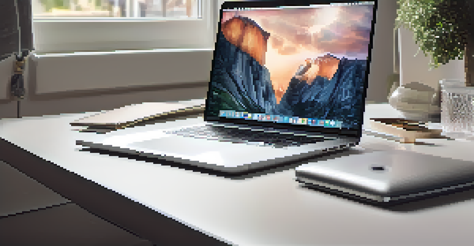A close-up of a MacBook Pro on a minimalist desk in a stylish home office with natural light.
