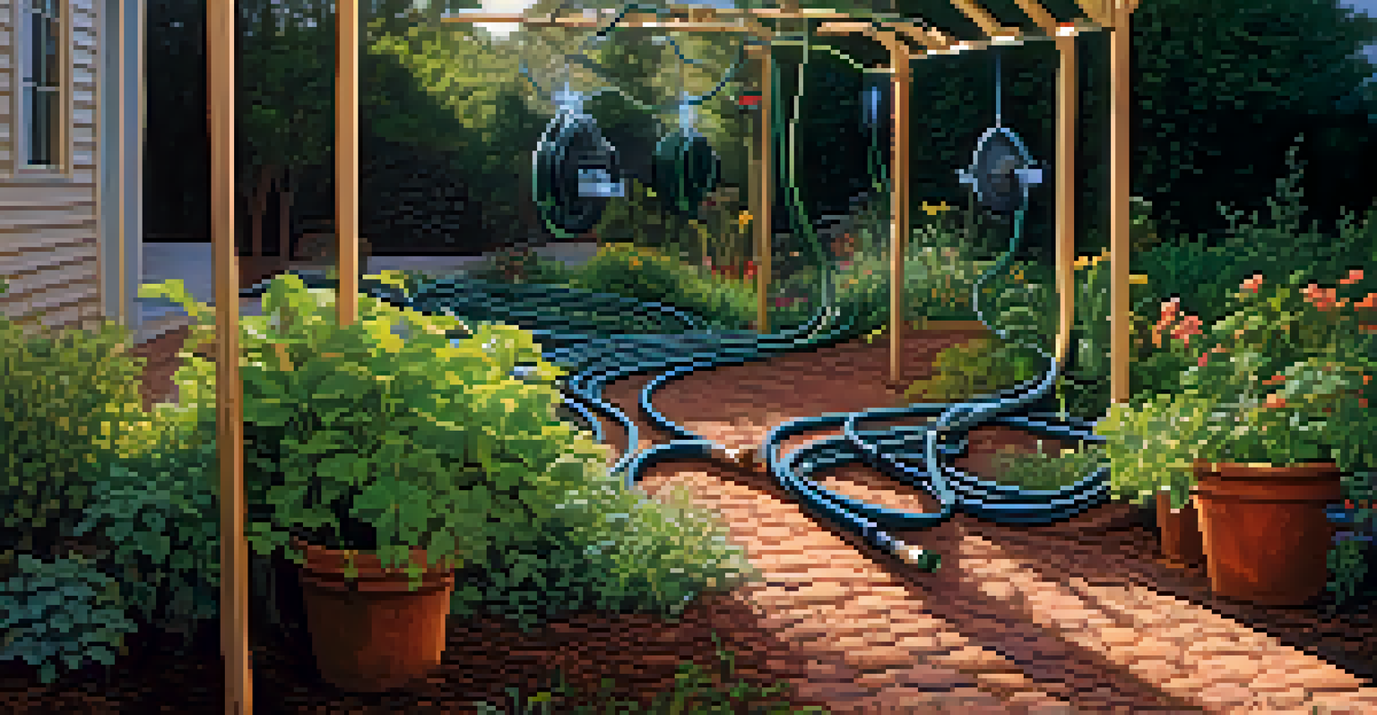 An efficient drip irrigation system in a backyard garden, with hoses delivering water to vibrant plants in soft morning light.