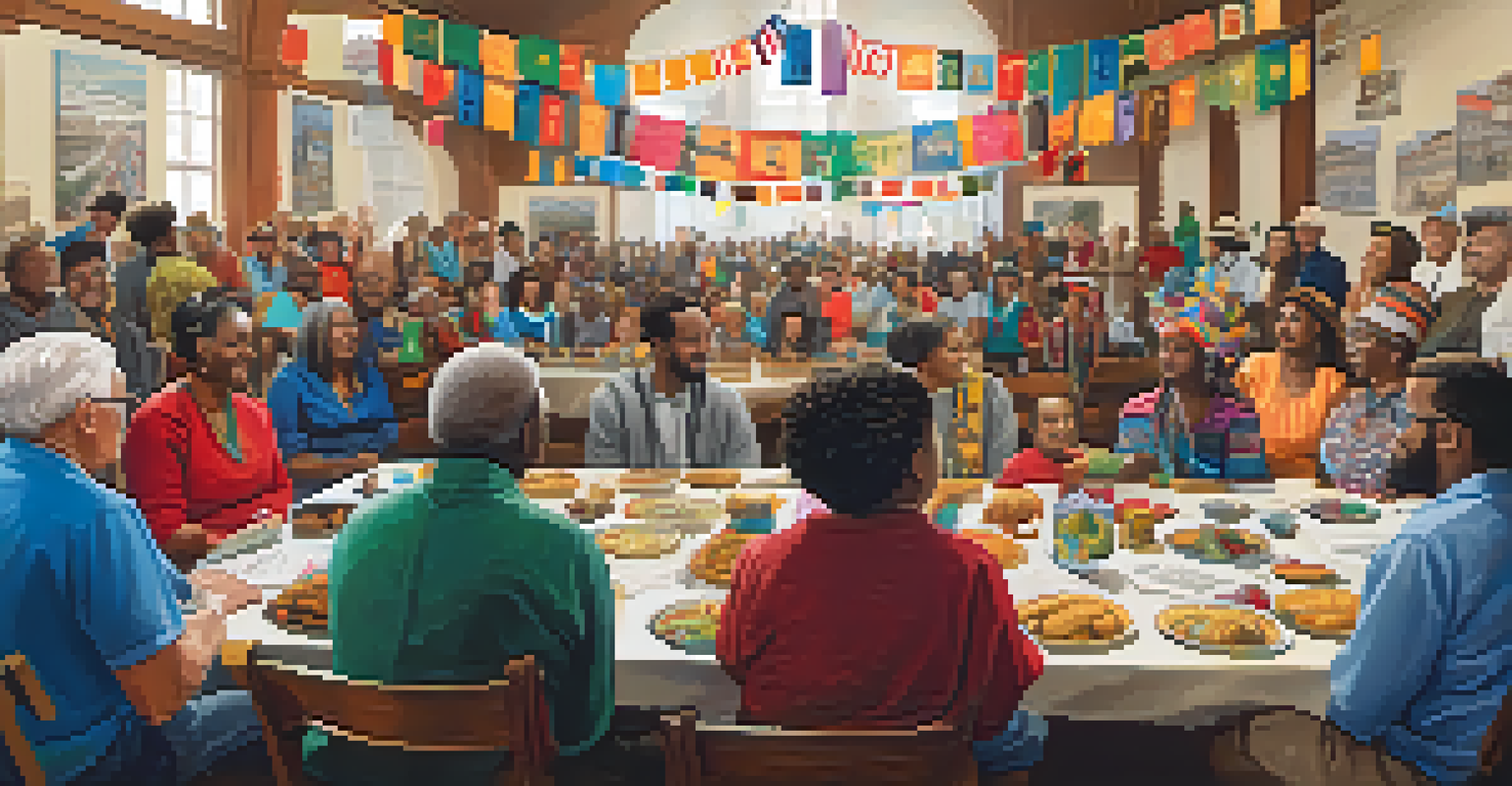 A lively community storytelling event at a history archive, with diverse participants sharing stories and colorful decorations.