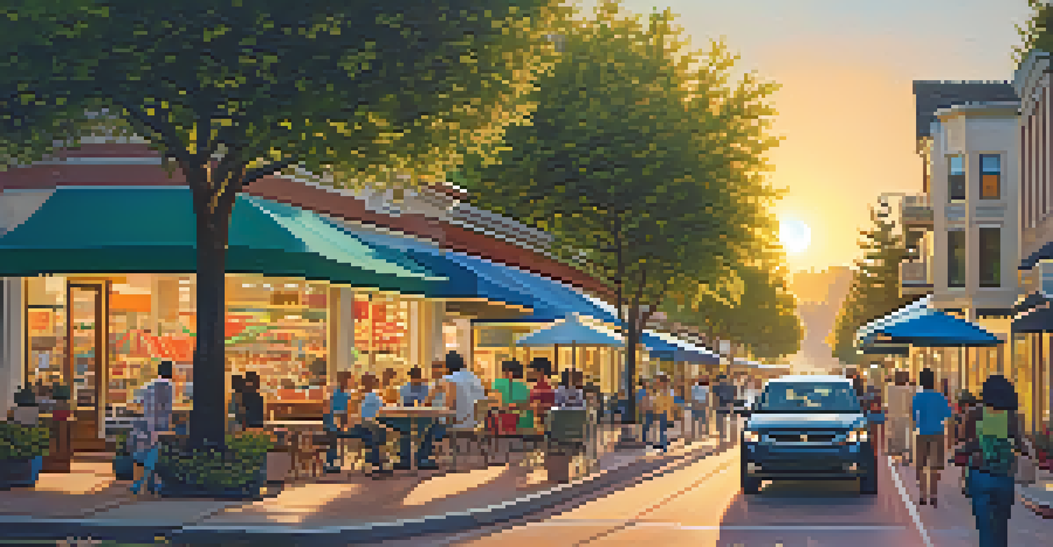 A lively street scene in Cupertino Village with modern homes, cafes, and diverse people enjoying the community atmosphere.