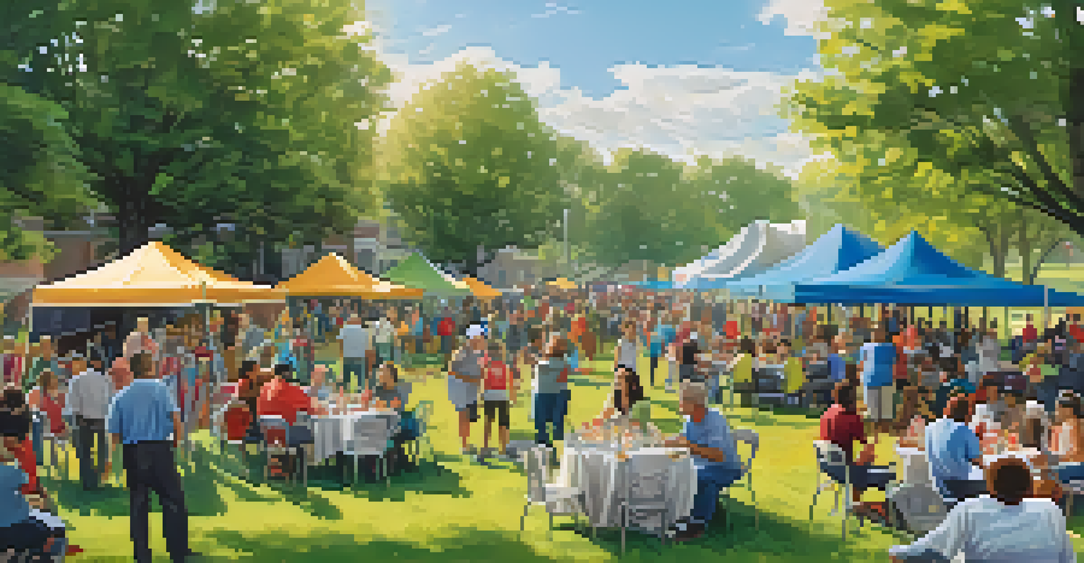 A joyful community gathering in a park celebrating a successful clean-up day, with people enjoying snacks and sharing stories.