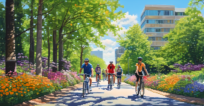 A colorful urban biking trail with cyclists riding under sunny skies, surrounded by greenery and flowers.