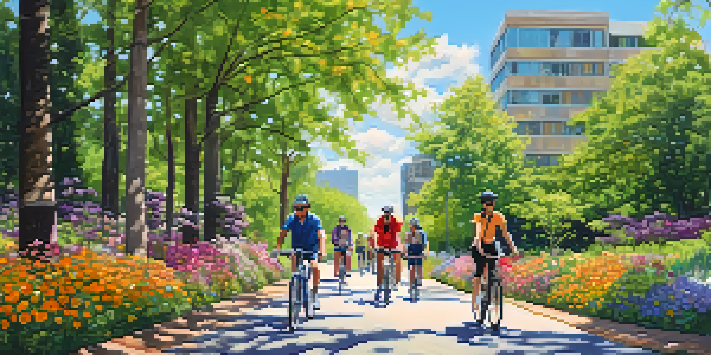 A colorful urban biking trail with cyclists riding under sunny skies, surrounded by greenery and flowers.