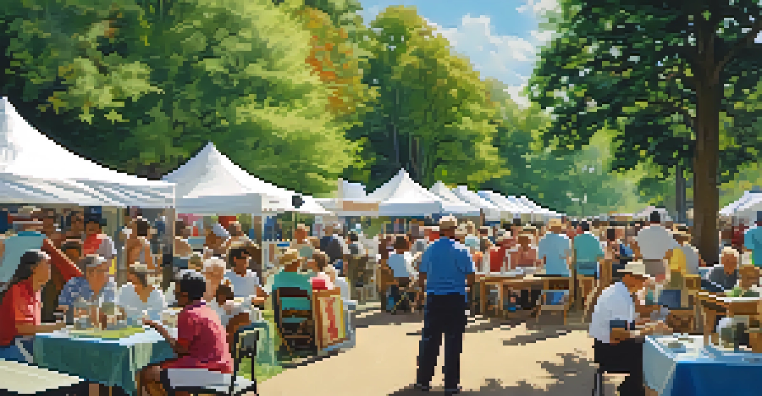 A lively community event in a park with residents engaging around tables displaying local heritage artifacts and photographs.