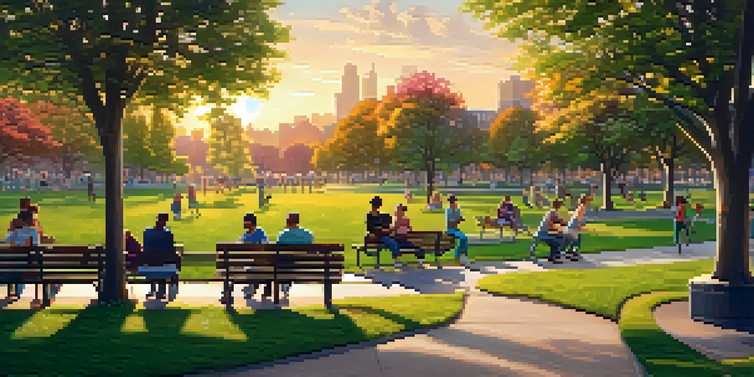 A lively urban park at sunset with diverse people jogging, playing, and socializing among green trees and colorful flowers.