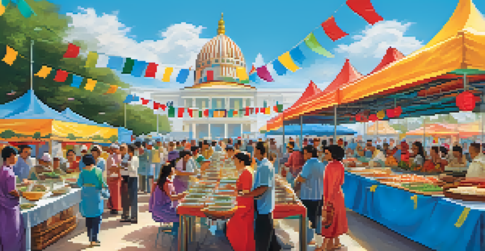 A lively food festival with various stalls displaying colorful dishes, attendees enjoying food, and cultural banners in the background.