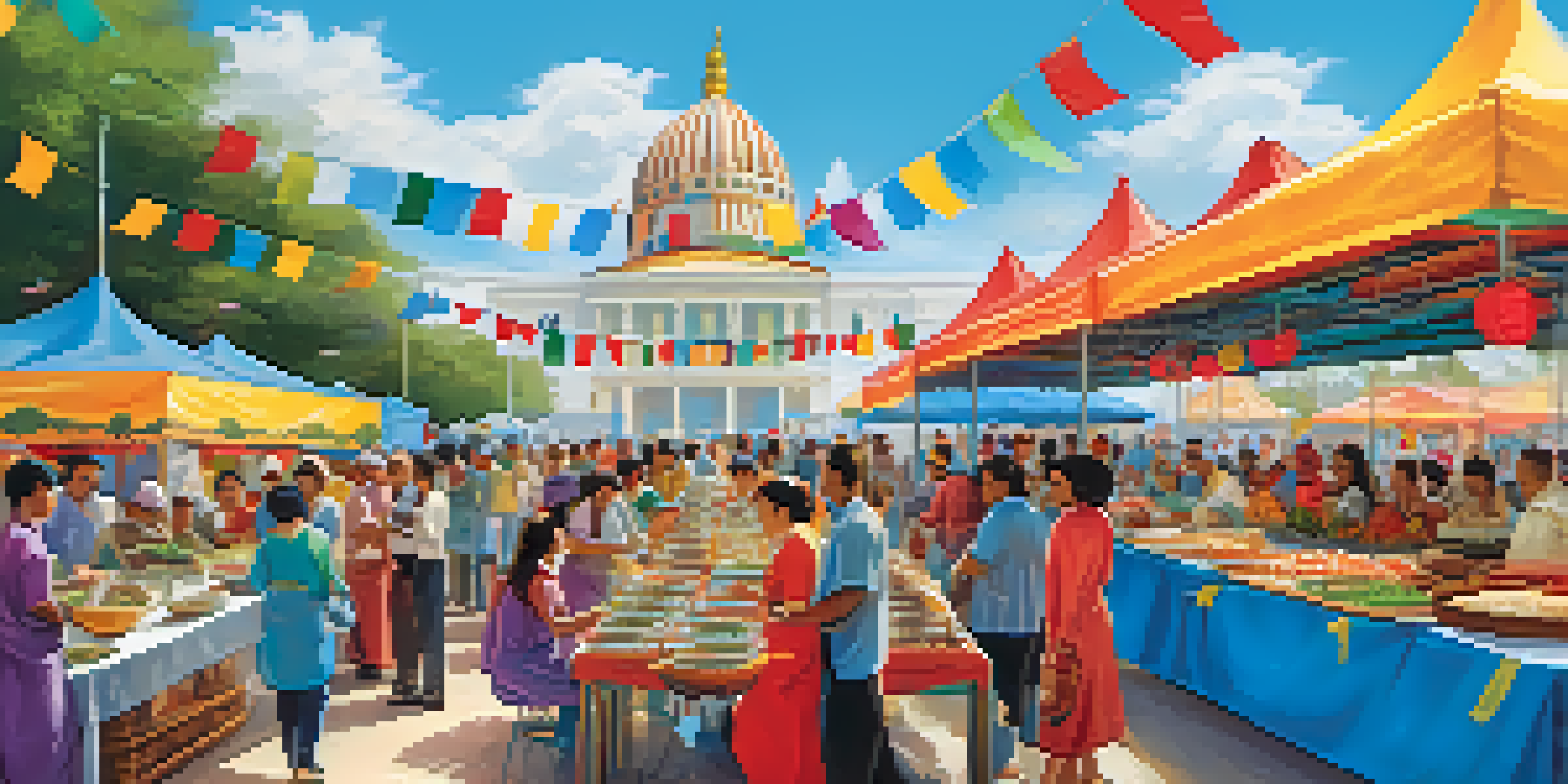 A lively food festival with various stalls displaying colorful dishes, attendees enjoying food, and cultural banners in the background.
