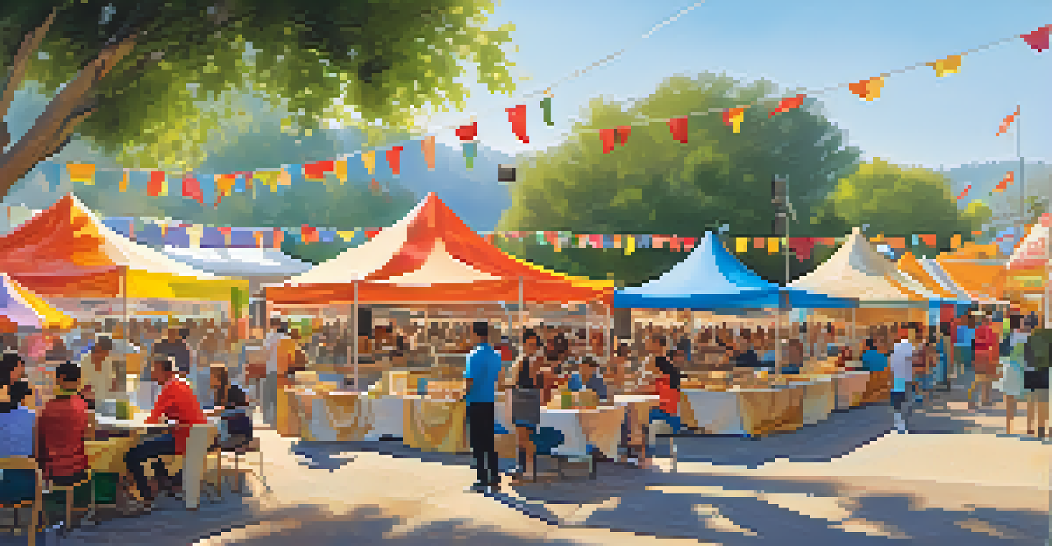 A bustling outdoor food festival in Cupertino with diverse food stalls and people enjoying meals together in a vibrant atmosphere.