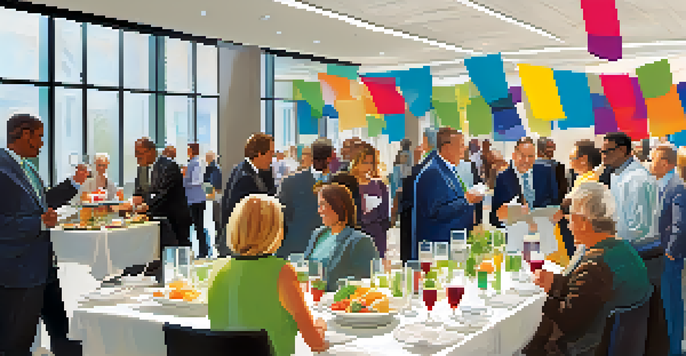 A busy networking event with professionals discussing and exchanging business cards in a bright conference room.