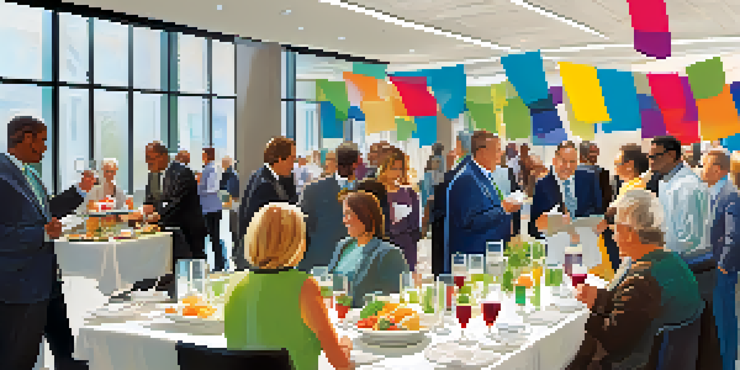 A busy networking event with professionals discussing and exchanging business cards in a bright conference room.