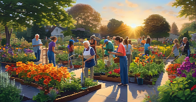 A community garden where seniors teach youth gardening, bathed in warm sunset light.