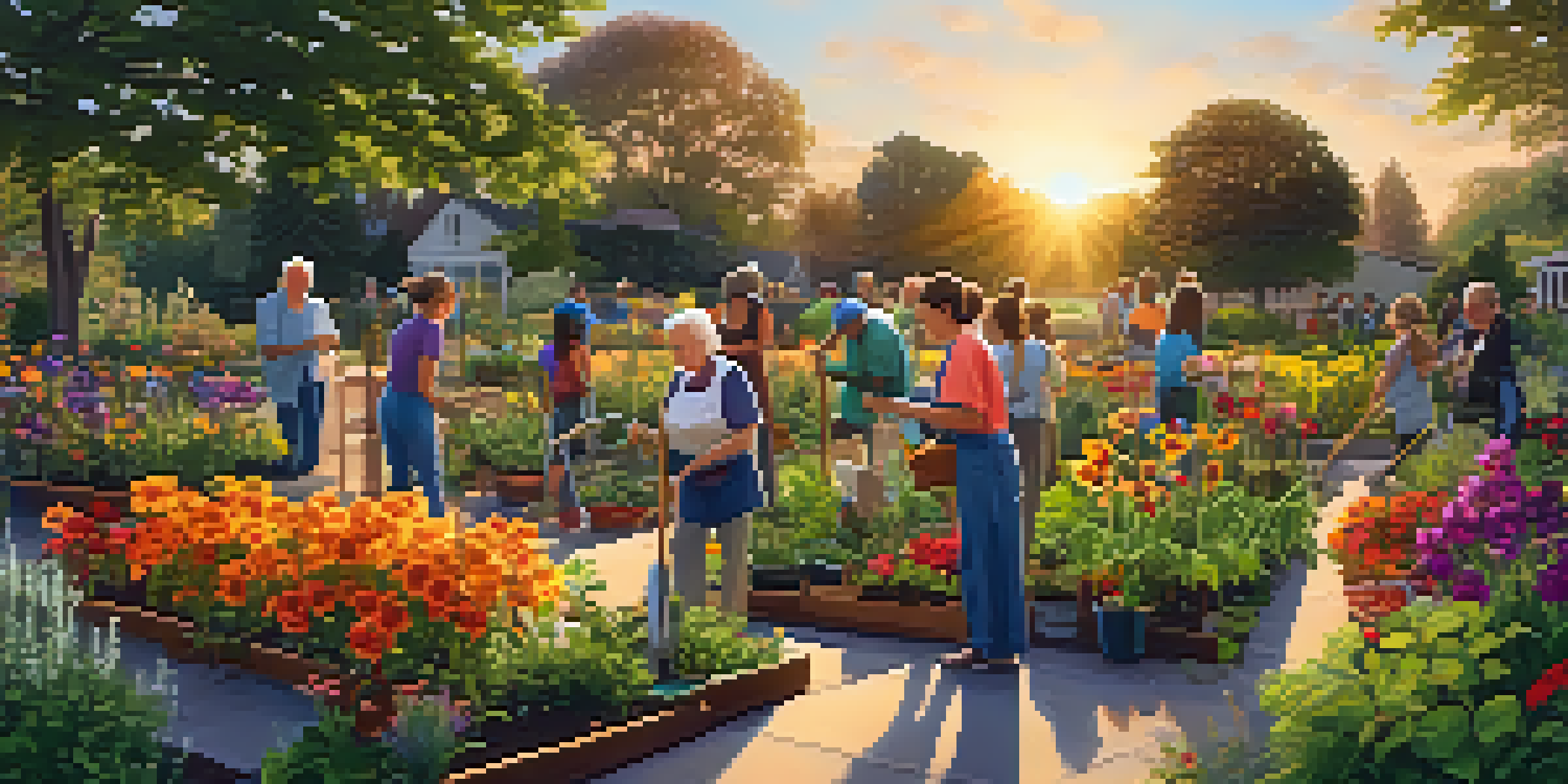 A community garden where seniors teach youth gardening, bathed in warm sunset light.
