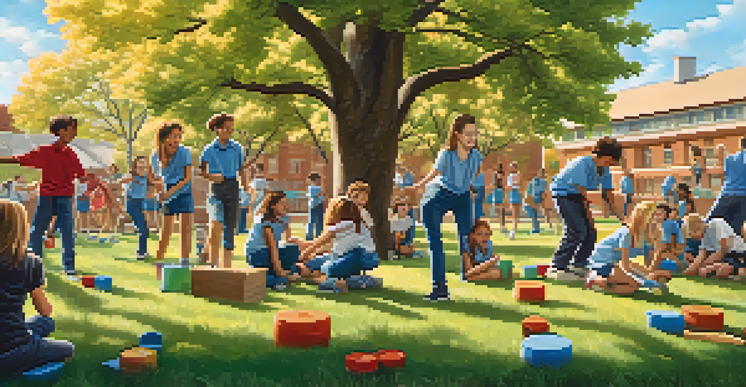 Students outdoors in a schoolyard participating in team-building activities, demonstrating friendship and teamwork.