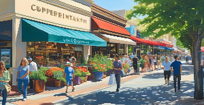 A busy street in Cupertino filled with people shopping and dining, with colorful storefronts and greenery.