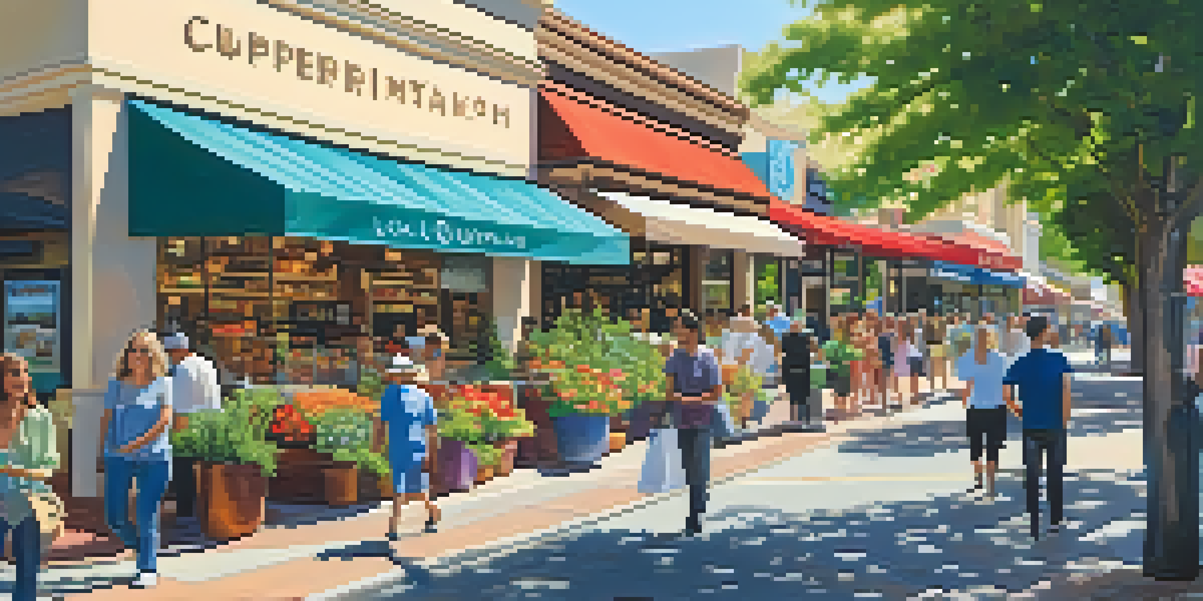 A busy street in Cupertino filled with people shopping and dining, with colorful storefronts and greenery.