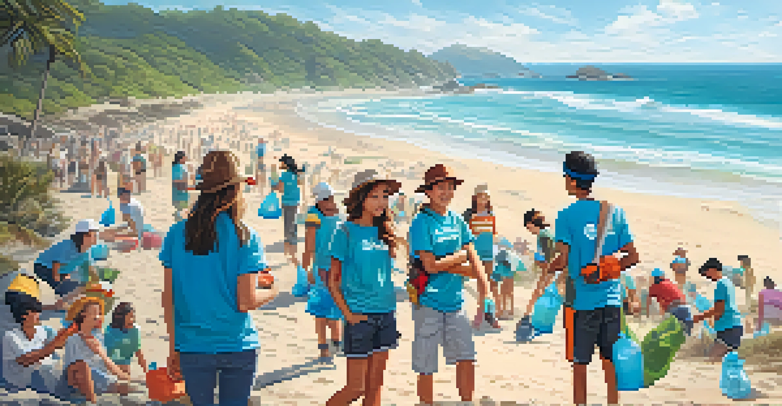 High school students participating in a beach clean-up, collecting trash along the shoreline with the ocean in the background.