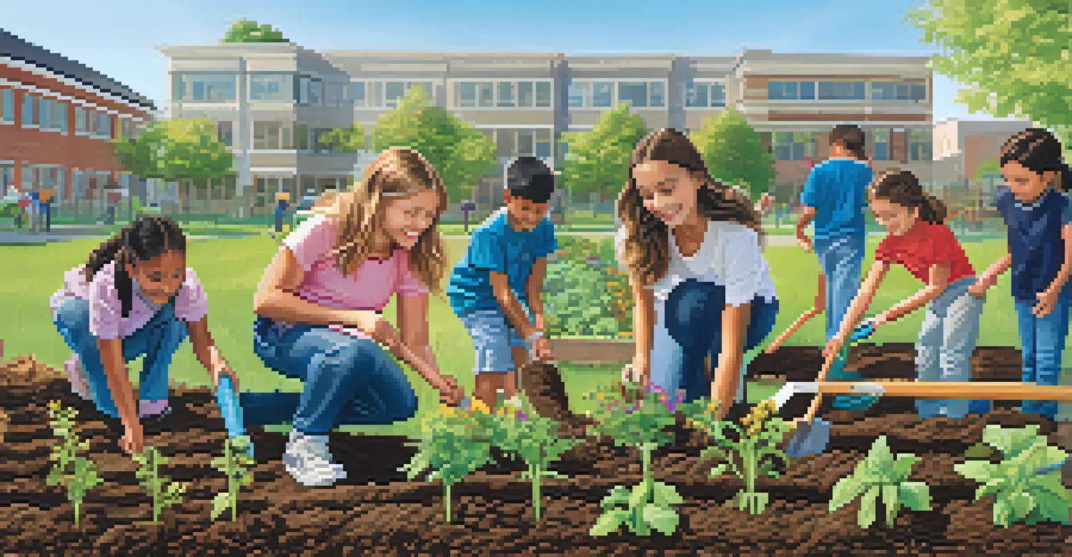 Students and teachers working together to plant a garden in a sunny schoolyard.