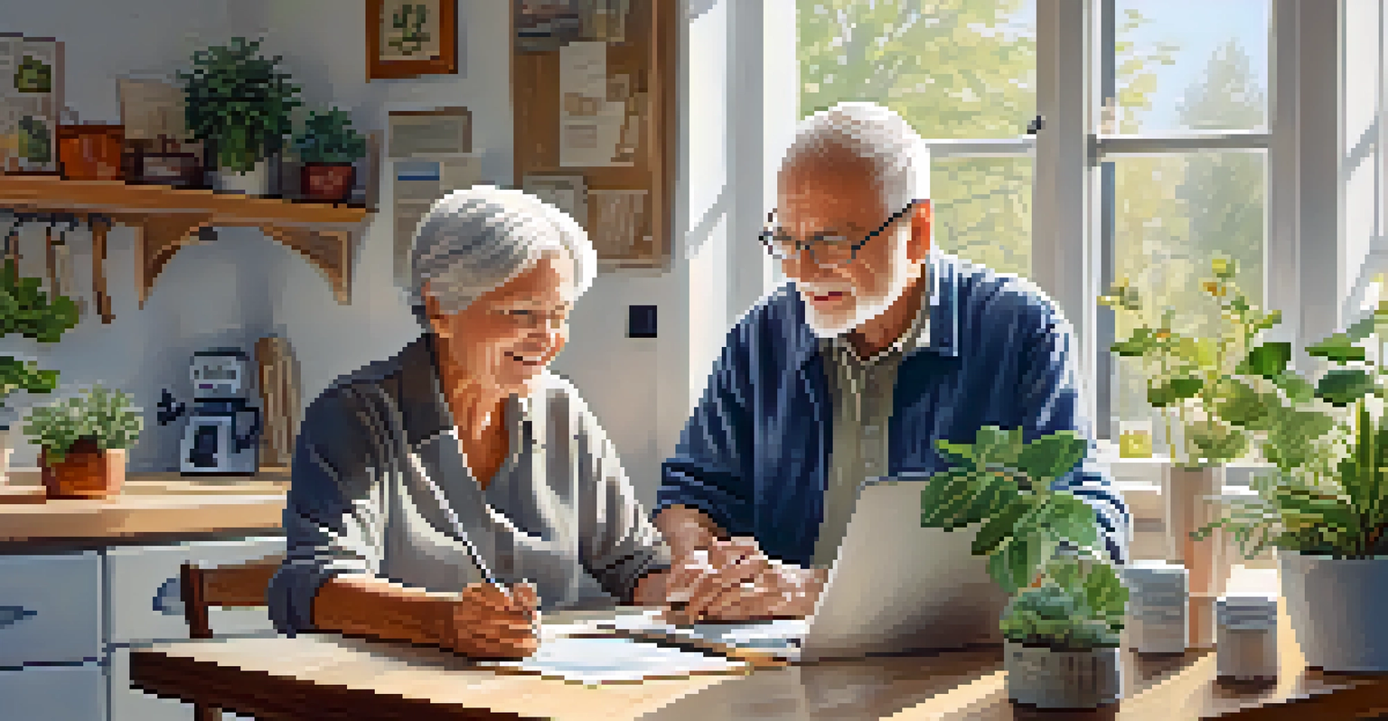 A caregiver assisting a senior man with a smartphone at a kitchen table, with a laptop open and a warm, inviting kitchen.