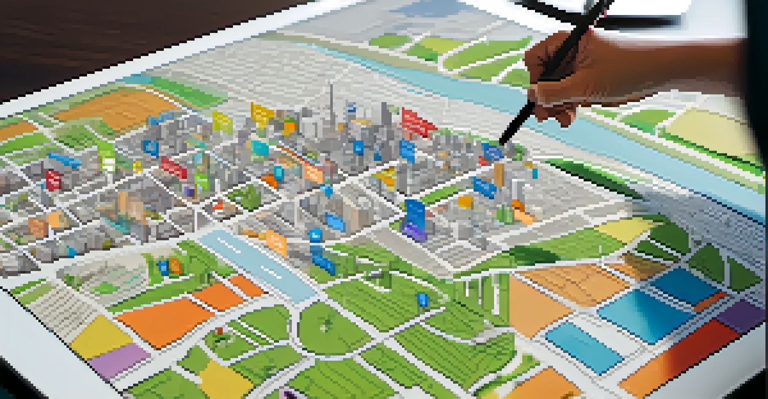 A close-up of a digital interface showing an interactive urban planning map with colorful feedback markers and a person using a tablet.
