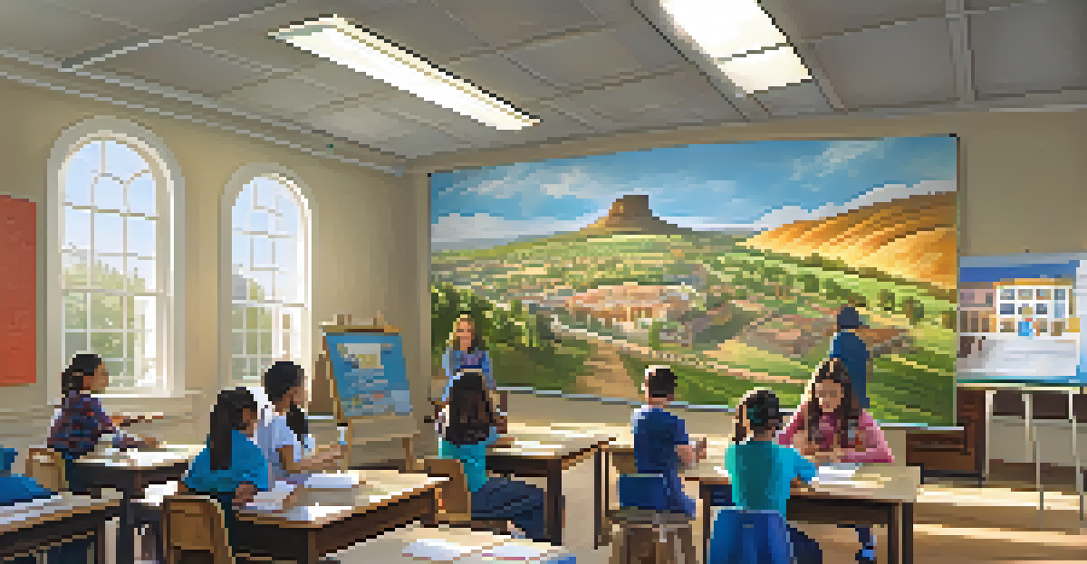 A classroom filled with students working on a history project about Cupertino, with colorful educational materials and a teacher guiding them.