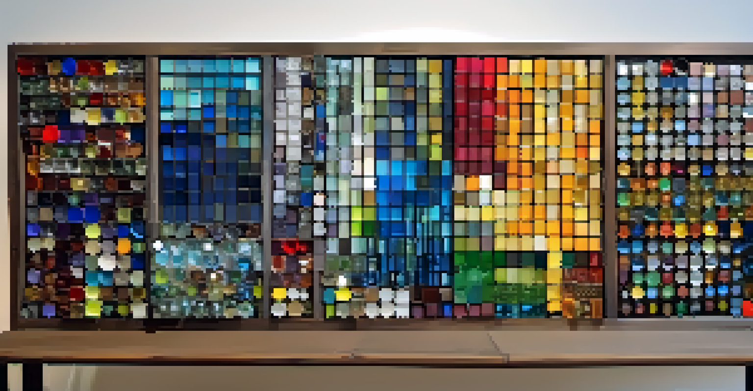 A creative arrangement of recycled materials like steel, glass tiles, and plastic on a wooden table, showcasing vibrant colors and textures.