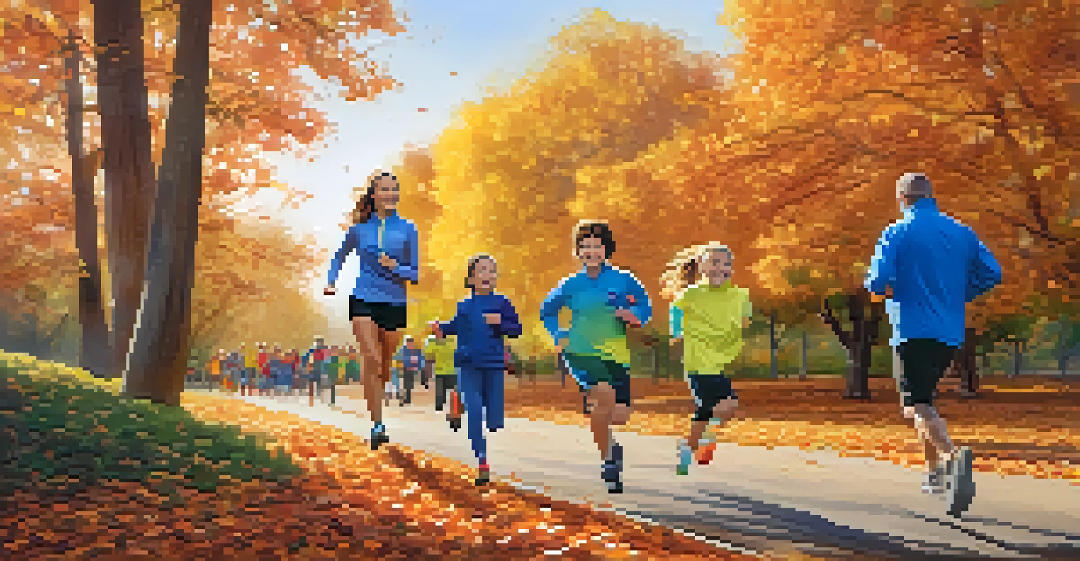 A family running together in a community event surrounded by autumn scenery.