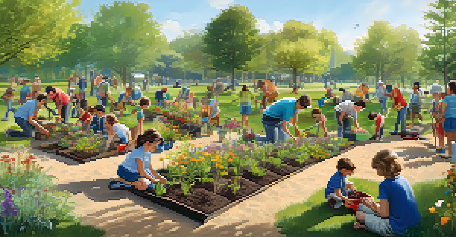 A community planting event in a park with people of various ages planting native flowers together.