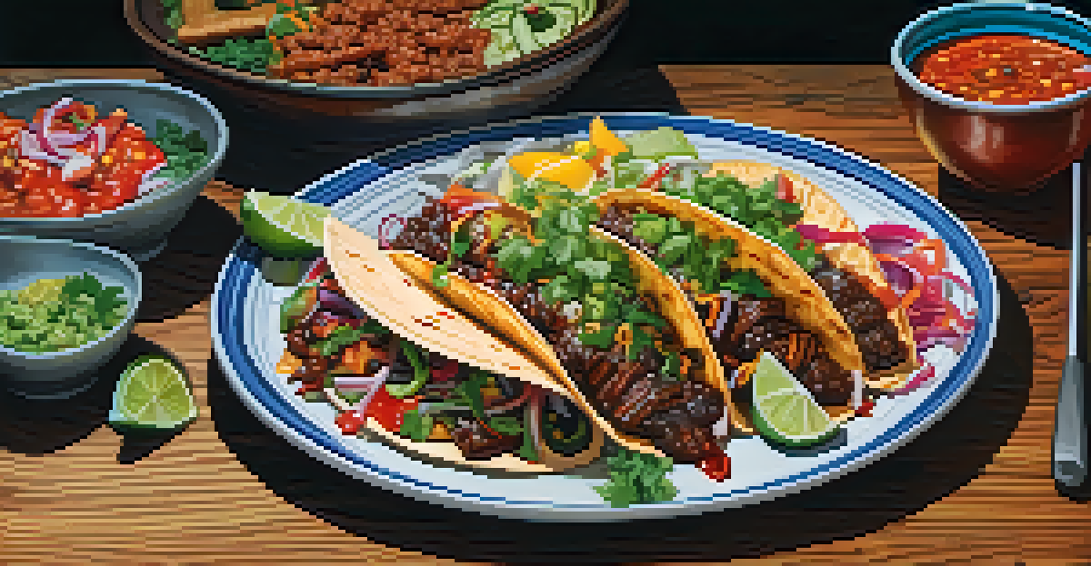 A fusion dish featuring Korean BBQ and Mexican tacos, artistically arranged with vibrant colors and garnished with fresh herbs.