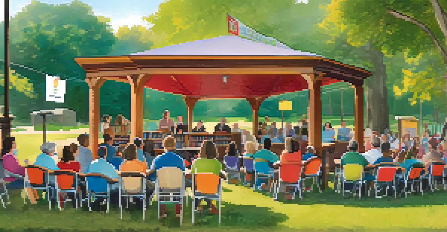 An outdoor community library event with people gathered for a local author reading, surrounded by colorful banners and trees.