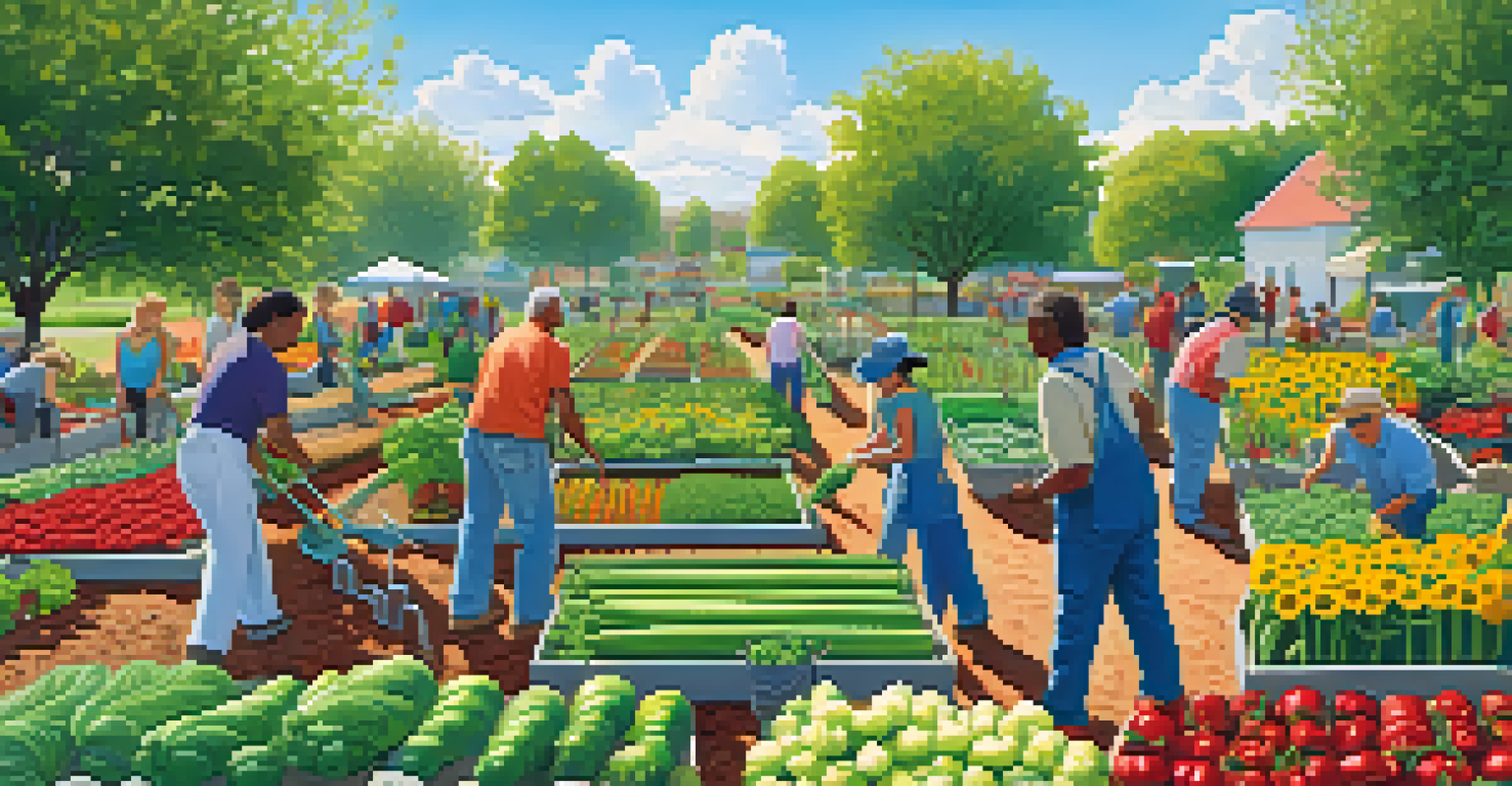 An overhead view of a community garden with people planting and harvesting vegetables under a clear blue sky.