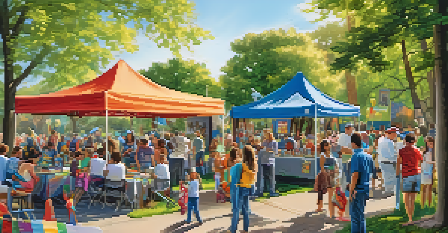 A vibrant community art event in a park with artists, families, and colorful decorations.