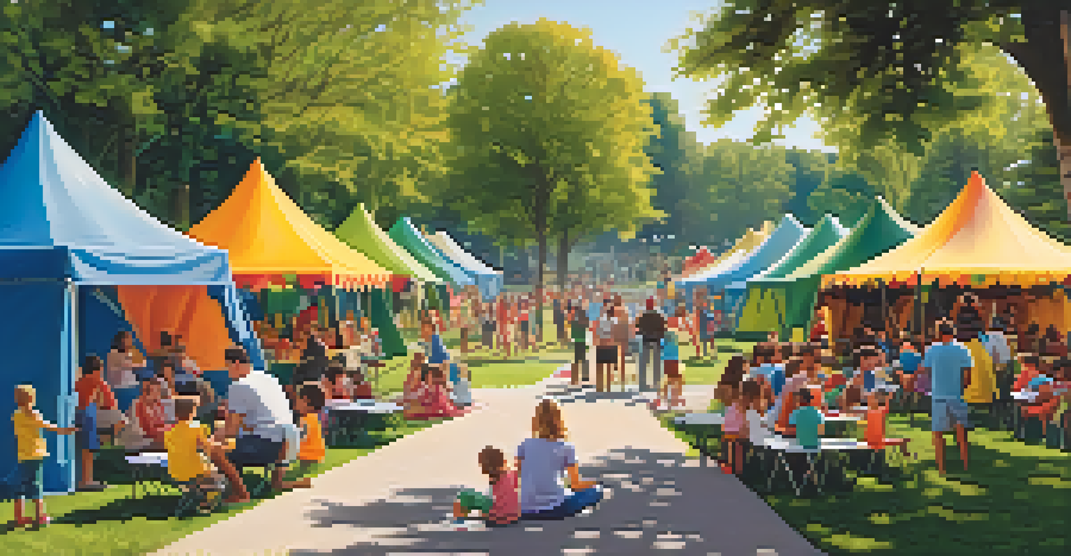 A community event in a park with families, children playing, and musicians performing on stage.