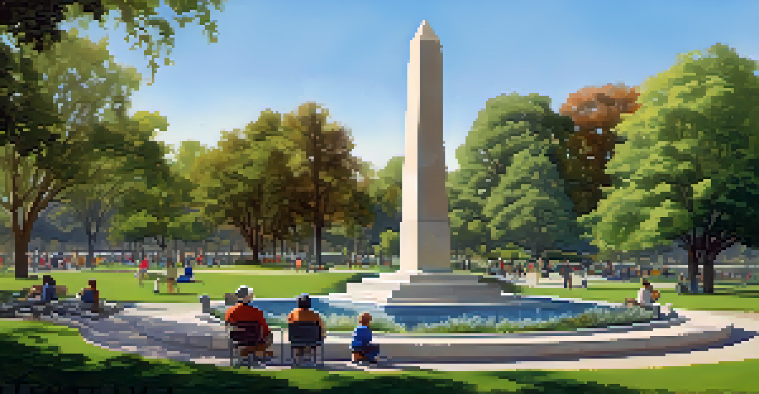 A peaceful park in Cupertino with greenery and a veterans' monument, where families enjoy a sunny day.
