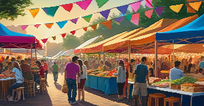 A lively food festival with diverse people enjoying colorful dishes at various stalls under fairy lights.