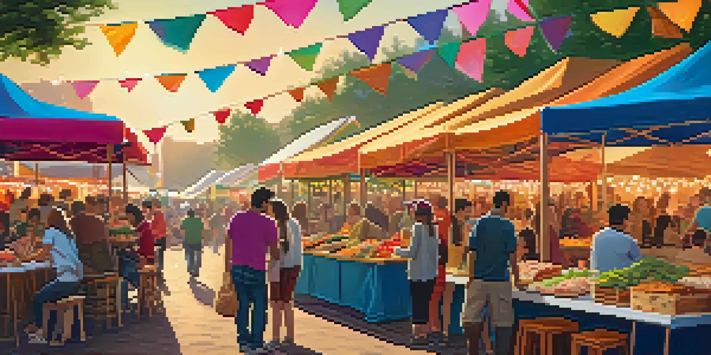 A lively food festival with diverse people enjoying colorful dishes at various stalls under fairy lights.