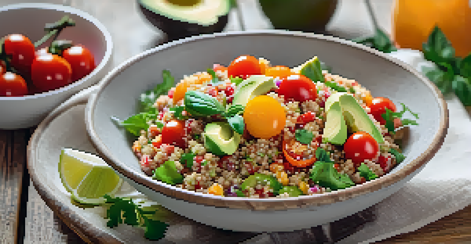 A colorful quinoa salad in a rustic bowl set on a wooden table, showcasing healthy ingredients.