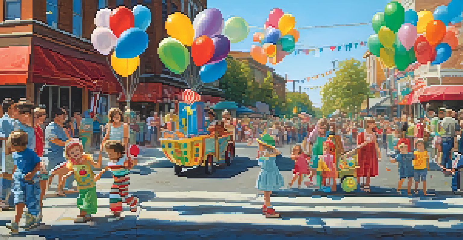 Children enjoying face painting and balloon animals at a family-friendly parade, with colorful decorations and families watching the floats go by under the sun.