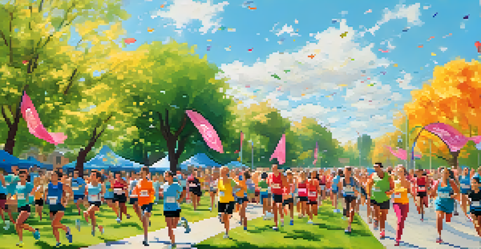 A lively community fitness event in a park with diverse participants running together, surrounded by trees and colorful banners.