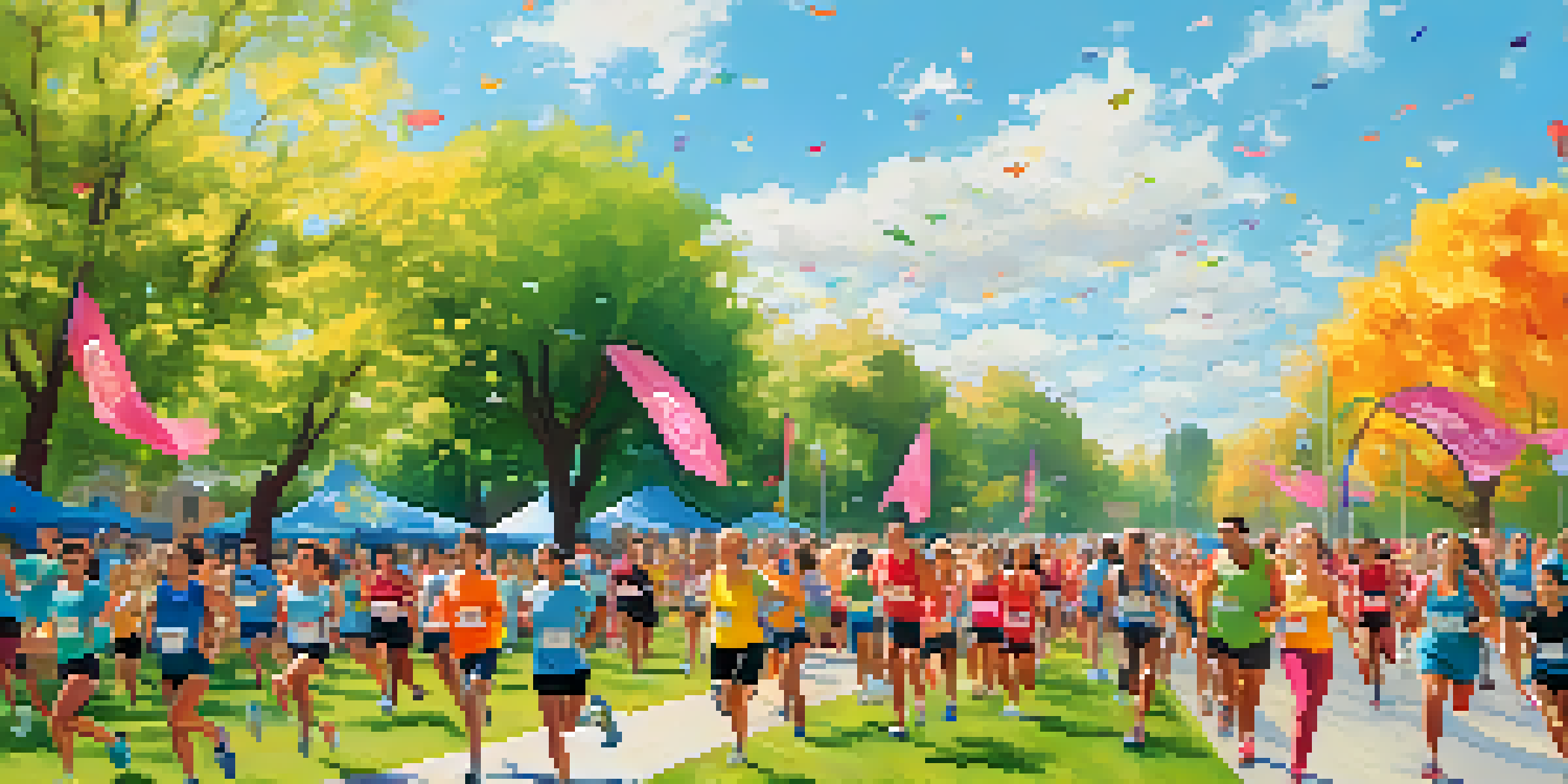 A lively community fitness event in a park with diverse participants running together, surrounded by trees and colorful banners.