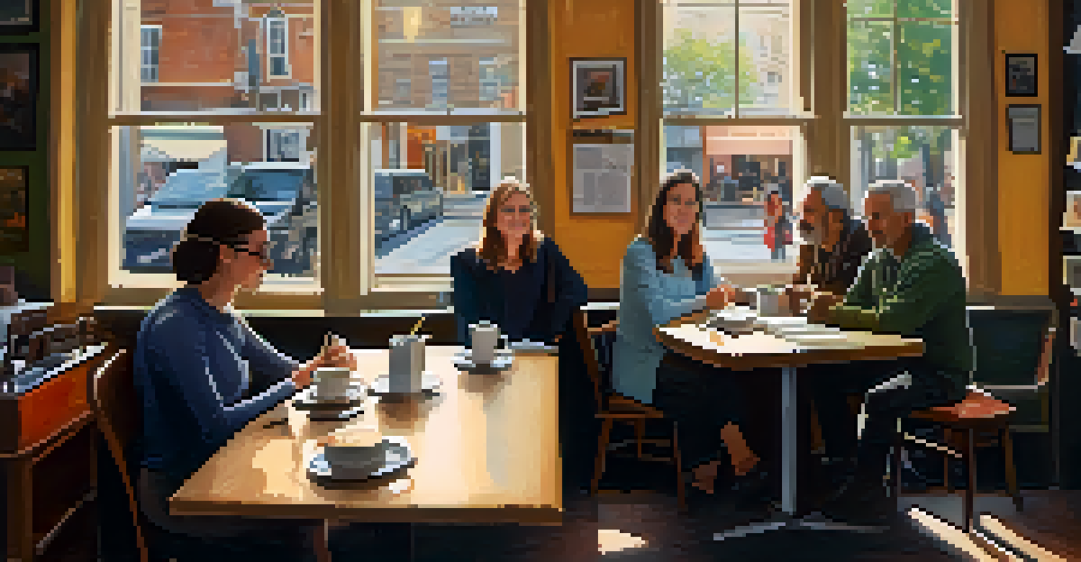 A group of community members engaged in a discussion about civic issues in a cozy café, with notepads and laptops on the table.