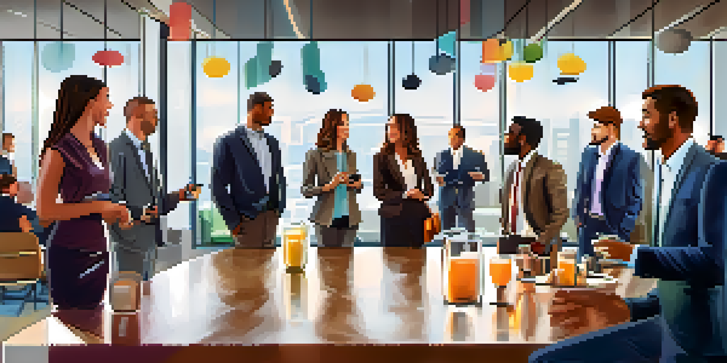 A lively networking event with diverse entrepreneurs conversing in a modern conference room filled with natural light.