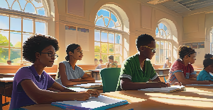 A classroom filled with diverse students engaging with their studies, a teacher assisting at the front, and sunlight illuminating the space.