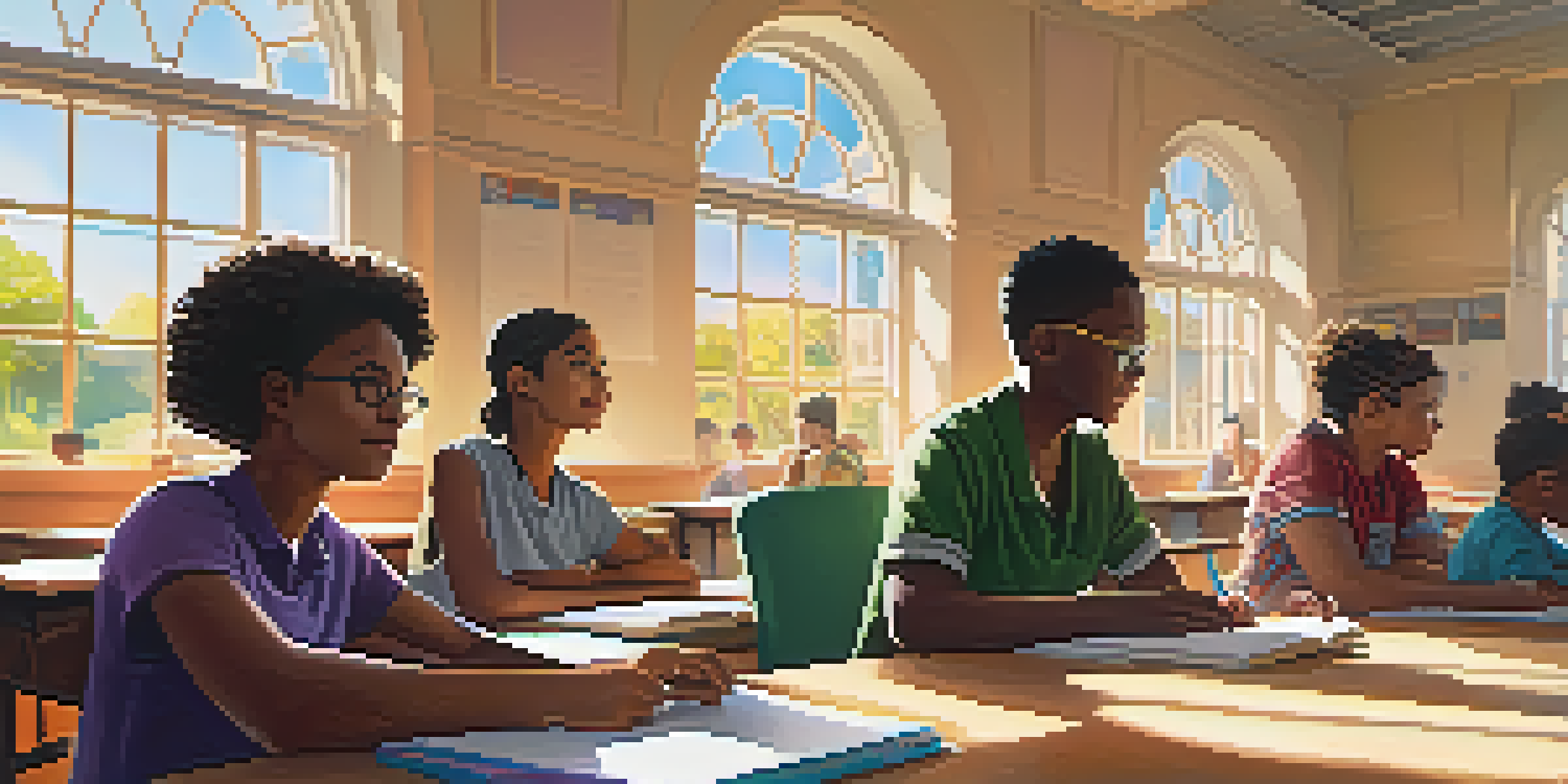 A classroom filled with diverse students engaging with their studies, a teacher assisting at the front, and sunlight illuminating the space.