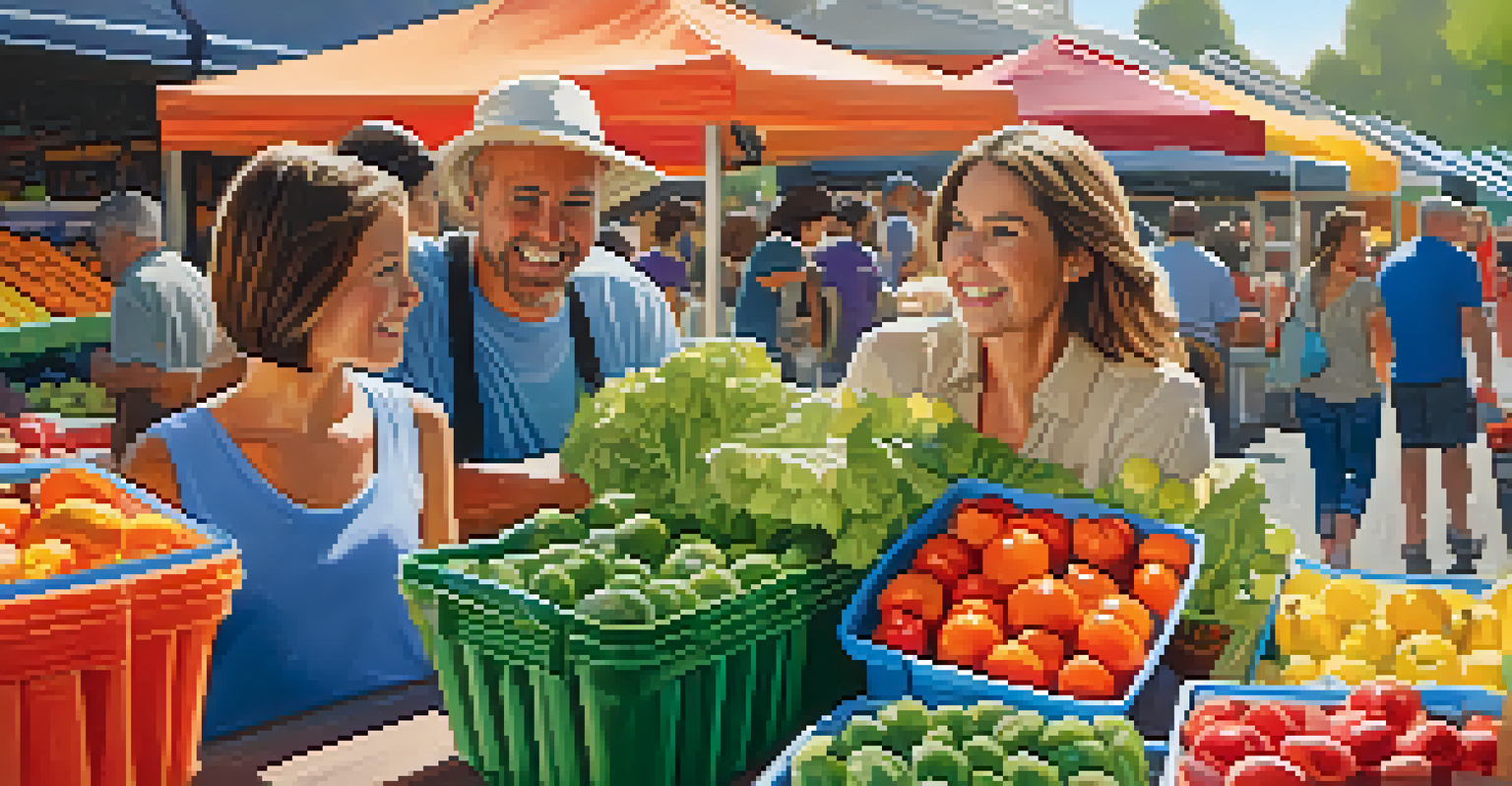 A family happily using reusable containers at a farmer's market with fresh produce in the background.
